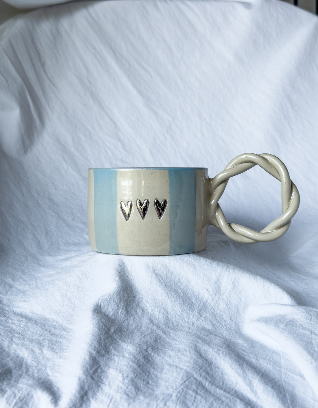 MUG « 3 cœurs » argent, rayé bleu lavande