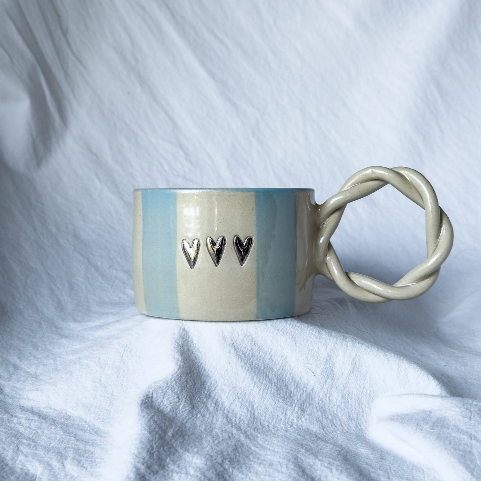 MUG « 3 cœurs » argent, rayé bleu lavande